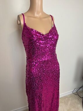 Taylor Dress, Fuchsia Hot Pink Sequin Midi Dress, Cowl Neck, Size 4